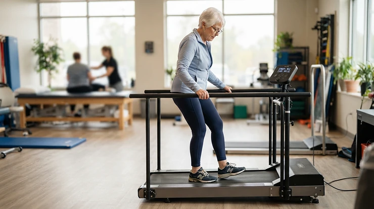 A senior safely stepping onto the low deck of a treadmill for seniors with hip arthritis with support.