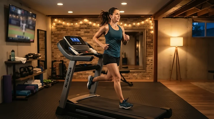 A person completing a cardio session on a treadmill for weight loss under $1000 in a cozy basement gym.