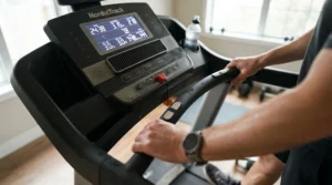 Close-up of a digital console on a treadmill for weight loss under $1000 showing calorie burn metrics.