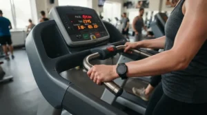 A user checking their pulse on the handgrips of a treadmill for weight loss under $1000.
