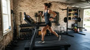 A fitness enthusiast running intervals on a treadmill for weight loss under $1000 in a home gym.