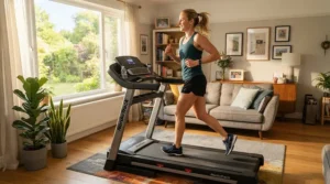 A person running on a treadmill for weight loss under $1000 set up in a modern living room.