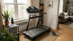 An affordable home gym featuring a treadmill under $600 for back pain positioned near a large window with natural light.