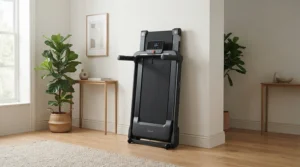A space-saving folding treadmill under $600 for back pain stored neatly against a neutral wall in a small apartment.