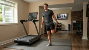 Man stretching lightly before stepping onto a treadmill under $600 for back pain in his basement workout space.