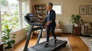 Senior adult enjoying a low-impact walking routine on a reliable treadmill under $600 for back pain inside a suburban home.