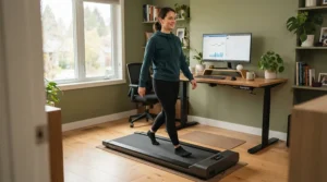 A remote worker taking a midday walking break on a treadmill under $600 for back pain set up in a spare room.