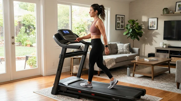 A person walking slowly on a treadmill under $600 for back pain in a bright living room, wearing comfortable workout clothes.