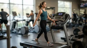 Close-up of a user maintaining upright posture while using a treadmill under $600 for back pain during a morning walk.