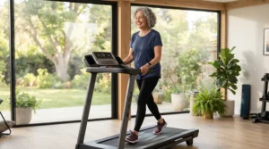 A senior smiling while using an affordable treadmill under $800 for arthritis in a spare bedroom gym.