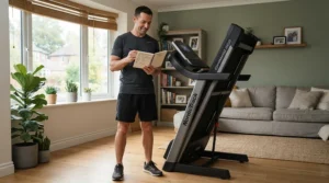 A man consulting notes near his treadmill under $800 for arthritis after tracking his joint health progress.