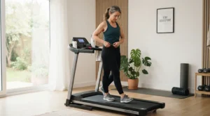 A middle-aged woman stepping onto a value treadmill under $800 for arthritis designed for joint support.