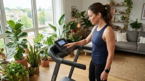 A person setting up a mid-range treadmill under $800 for arthritis featuring cushioned running decks.