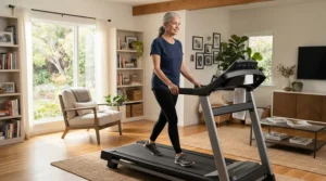 An older adult enjoying a gentle walk on a treadmill under $800 for arthritis inside a sunny living room.