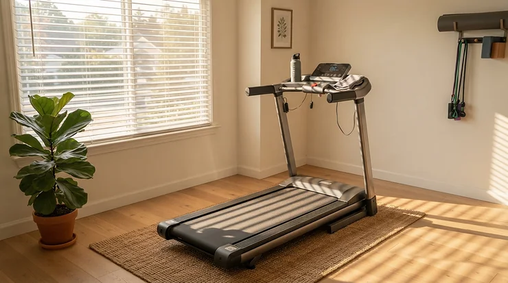Soft morning sunlight illuminating a treadmill under $800 for arthritis ready for a low-impact workout.