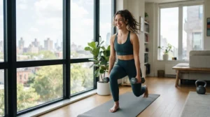 A smiling woman using her treadmill with shock absorption for herniated disc during her morning wellness routine.
