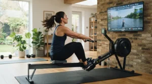 A fitness enthusiast checking workout metrics on a console while using a treadmill with shock absorption for herniated disc.