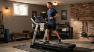 A man enjoying a gentle evening walk on a treadmill with shock absorption for herniated disc in his basement gym.