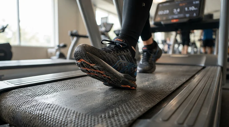 Detailed view of impact-reducing athletic footwear on a treadmill with shock absorption for herniated disc.