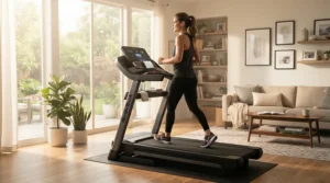 A person walking on a treadmill with shock absorption for herniated disc in a bright suburban home gym.