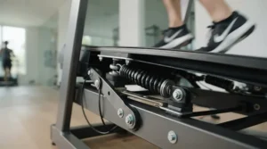 Close-up of a treadmill with shock absorption for herniated disc showing advanced deck cushioning technology.