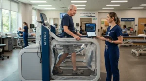 Physical therapist guiding a patient on a treadmill with shock absorption for herniated disc after spinal recovery.