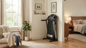 A compact budget treadmill for beginners weight loss stored neatly in a small bedroom.