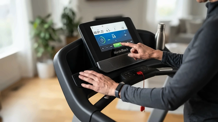 Checking workout metrics on the console of a budget treadmill for beginners weight loss.