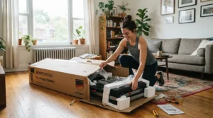 A person unboxing a budget treadmill for beginners weight loss in a bright suburban living room.