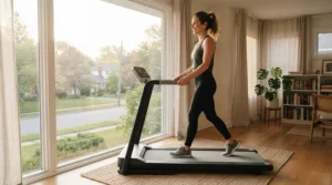 An individual doing a morning walk on their budget treadmill for beginners weight loss setup.
