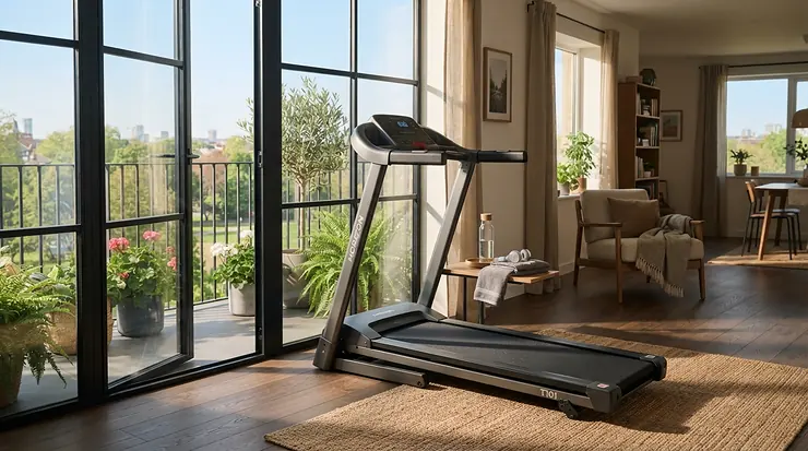 A compact treadmill for small apartments placed near a sliding glass door leading to a city balcony.