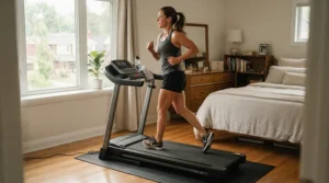 A woman using a compact treadmill for small apartments during a morning routine in her bedroom.