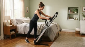 Demonstrating the folding feature of a compact treadmill for small apartments for easy under-bed storage.
