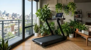 A minimalist compact treadmill for small apartments styled in a clean, clutter-free workout nook.