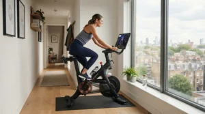 A narrow compact treadmill for small apartments fitting comfortably into a tight hallway space.
