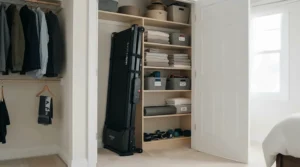 Storing a compact treadmill for small apartments vertically inside a standard apartment closet.
