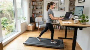 Using a compact treadmill for small apartments while working remotely at a standing desk.