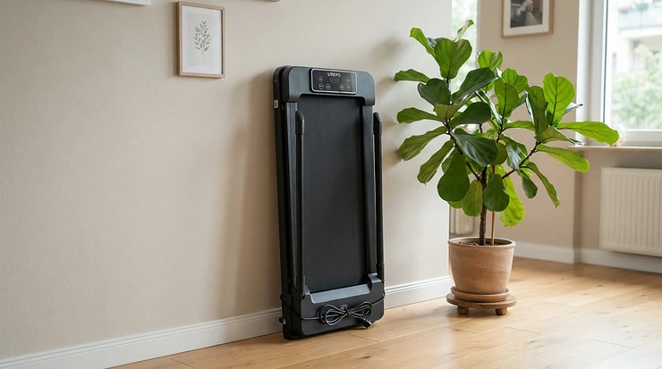 Demonstrating the minimal folded footprint of a compact treadmill for studio apartment walking in a corner.