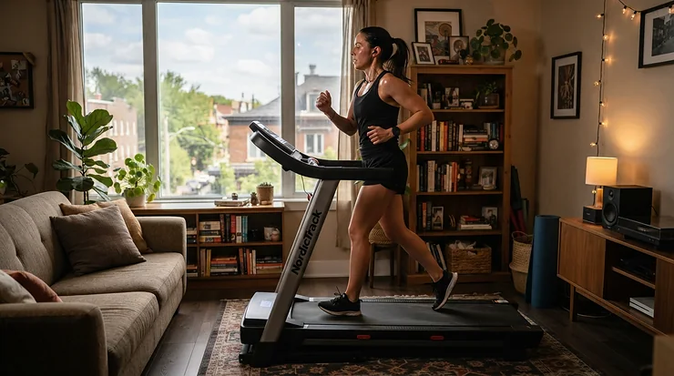 A woman using a foldable treadmill for apartments under $500 during a casual evening workout
