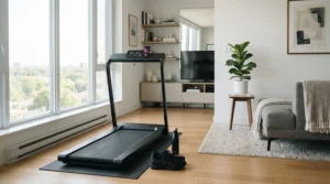 A compact foldable treadmill for apartments under $500 set up in a small modern living room