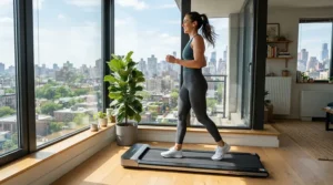 A person doing morning cardio on a budget foldable treadmill for apartments under $500