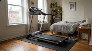 An affordable foldable treadmill for apartments under $500 on a protective mat in a rented studio
