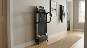 A foldable treadmill for apartments under $500 stored vertically against a hallway wall