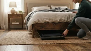 Demonstrating under-bed storage for a foldable treadmill for apartments under $500 in a bedroom