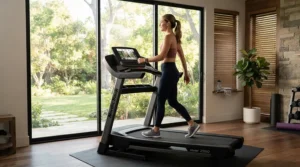 An adult engaged in daily cardio on a foldable treadmill for weight loss at home facing a large window.