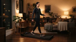An individual focused on fitness while using a foldable treadmill for weight loss at home under warm evening lighting.