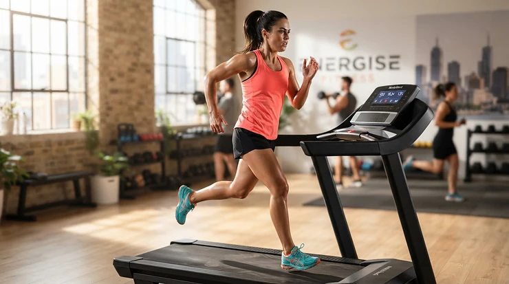 A smiling runner tracking progress on a foldable treadmill for weight loss at home during an energetic workout.