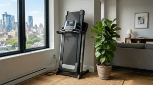 A foldable treadmill for weight loss at home stored upright beside a houseplant in a modern apartment.