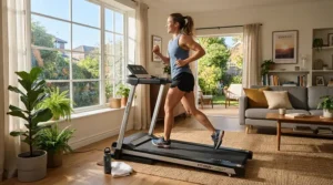A person running on a foldable treadmill for weight loss at home during a morning routine in a bright living room.