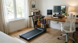A compact foldable treadmill for weight loss at home fitted neatly into a corner of a home office space.